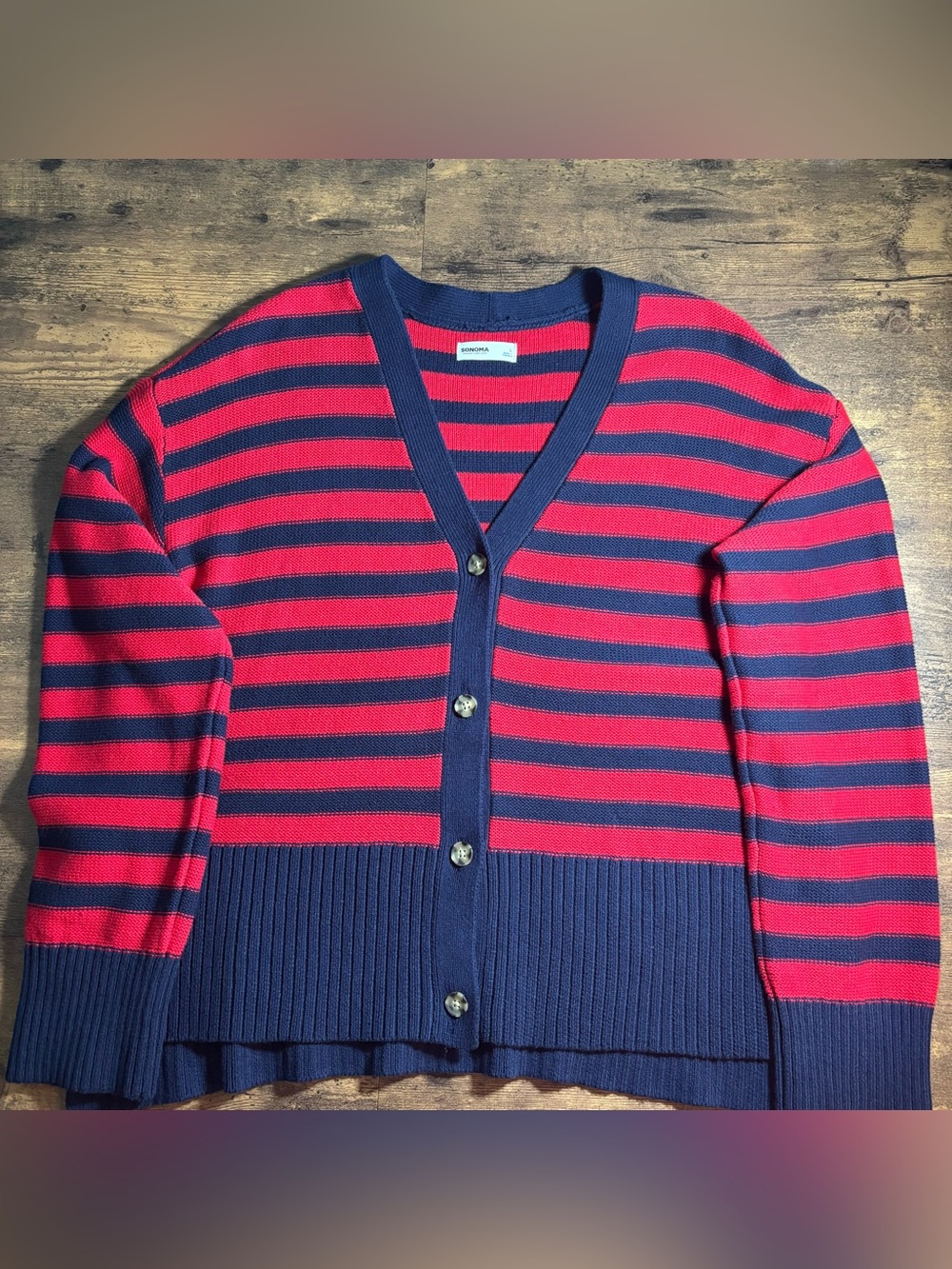 Sonoma side-slit navy/red striped cardigan L GrandpaCore Nautical AcademicPreppy